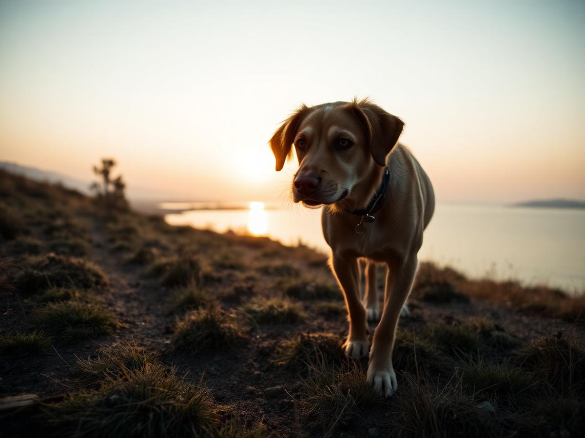 A dog on a coastal trail at sunset