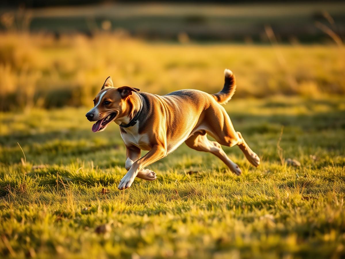 A dog running at full stride in open grass